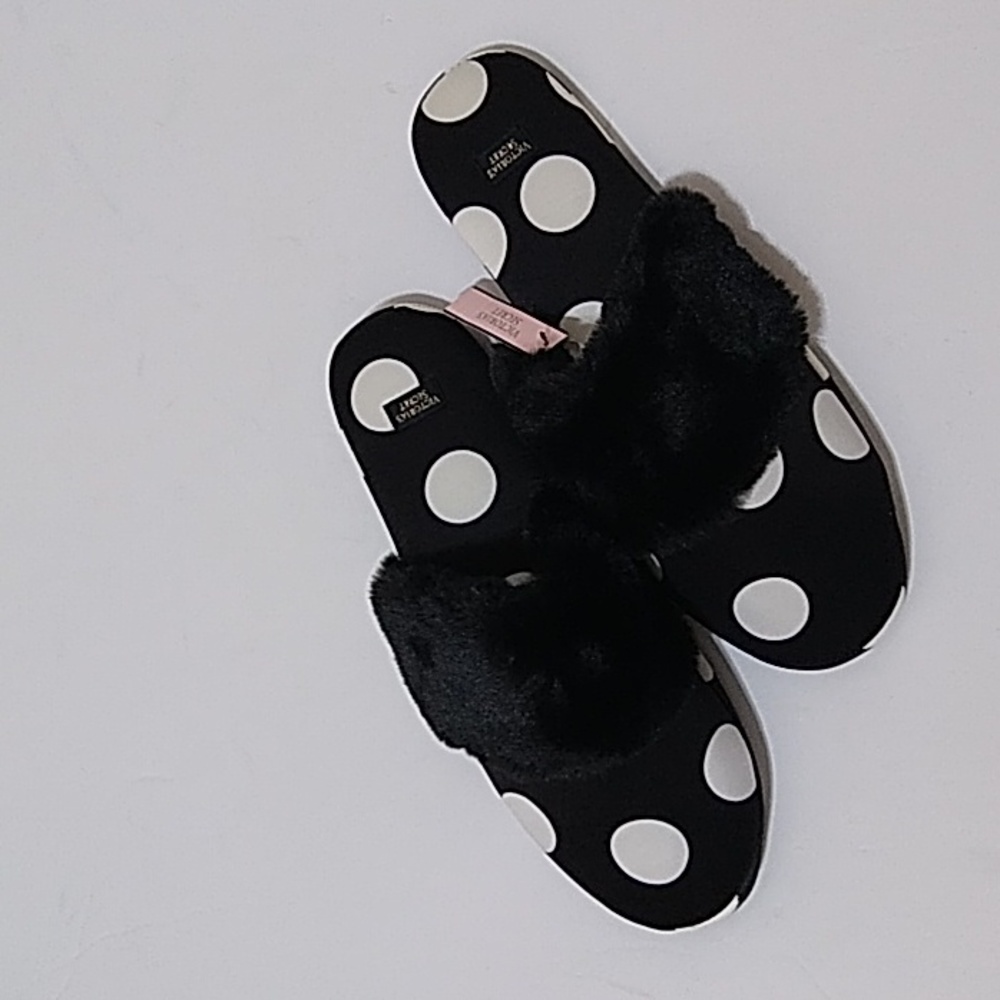 Victoria's Secret Signature Satin Black And White Polka Dot Slippers
